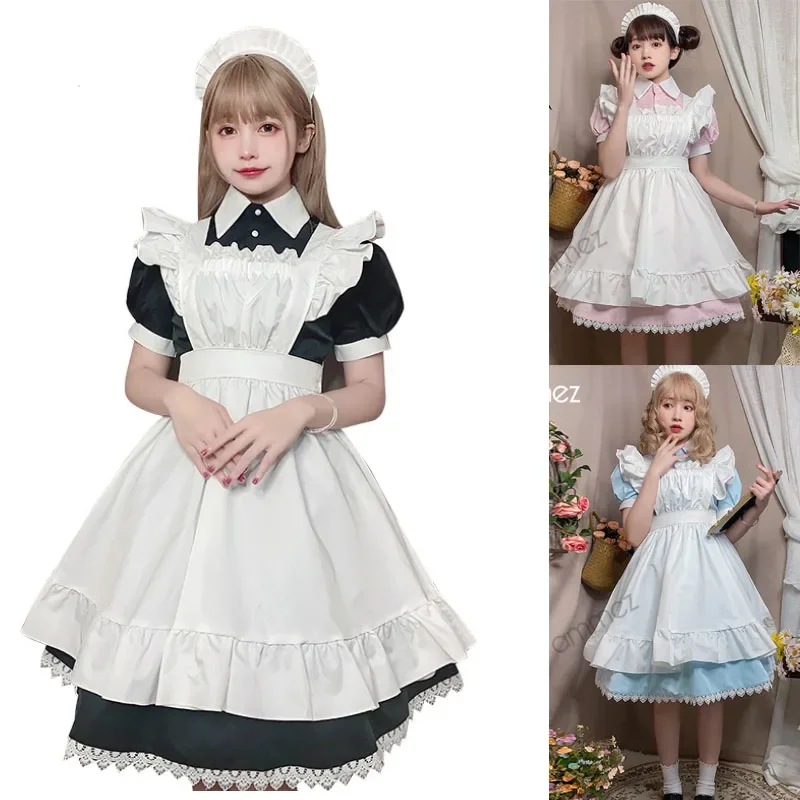 

JustSaiyan Women Cute Lolita Dresses Costume Pink Short Sleeve Lace Trim Maid Dress Sweet Girls Black Waitress Outfit Cosplay