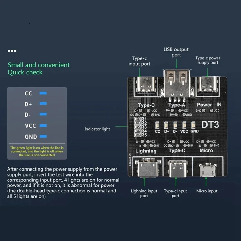 IOS 안드로이드 용 ABUOUSB 데이터 라인 감지 보드 Micro-USB Type-C 단락 회로 스위치 감지 보드 DT3 USB 케이블 테스터