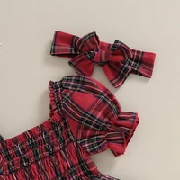 Citgeett Summer Christmas Infant Baby Girls Bodysuit Dress Plaid Print Short Puff Sleeve Jumpsuit + Bow Headband Xmas Clothes 5