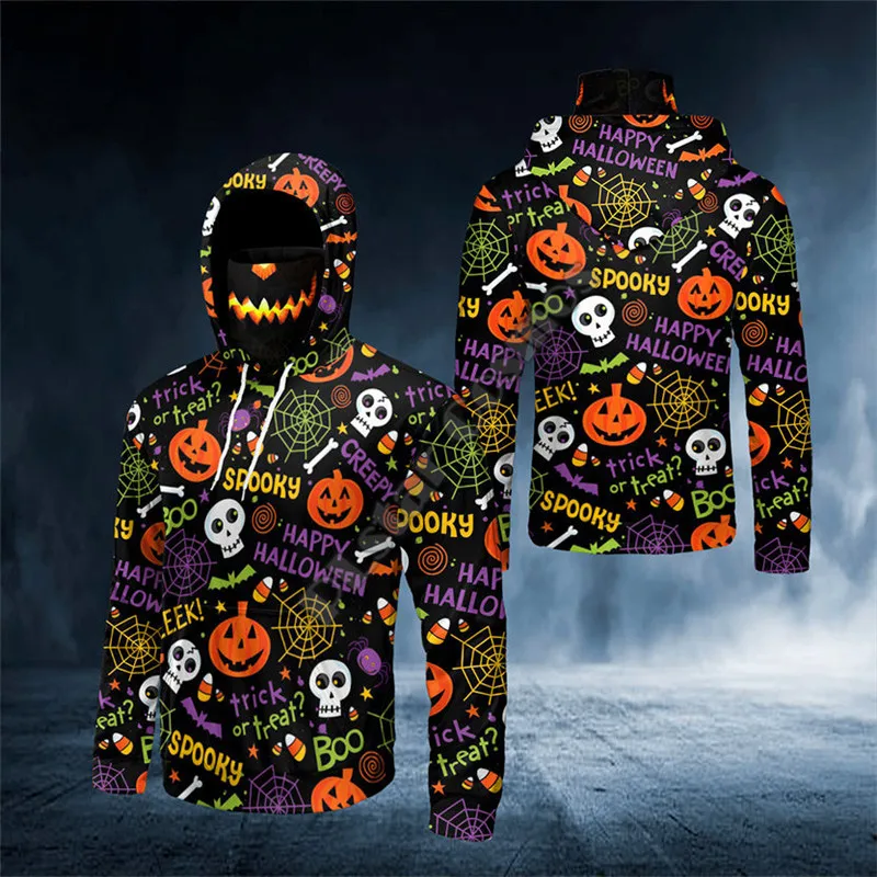 PLstar Cosmos Halloween Hello Ice Cream Melting Skull 3D Print Bandana Hoodie US Size Women Men Casual Pullover Hoodie Mask Warm