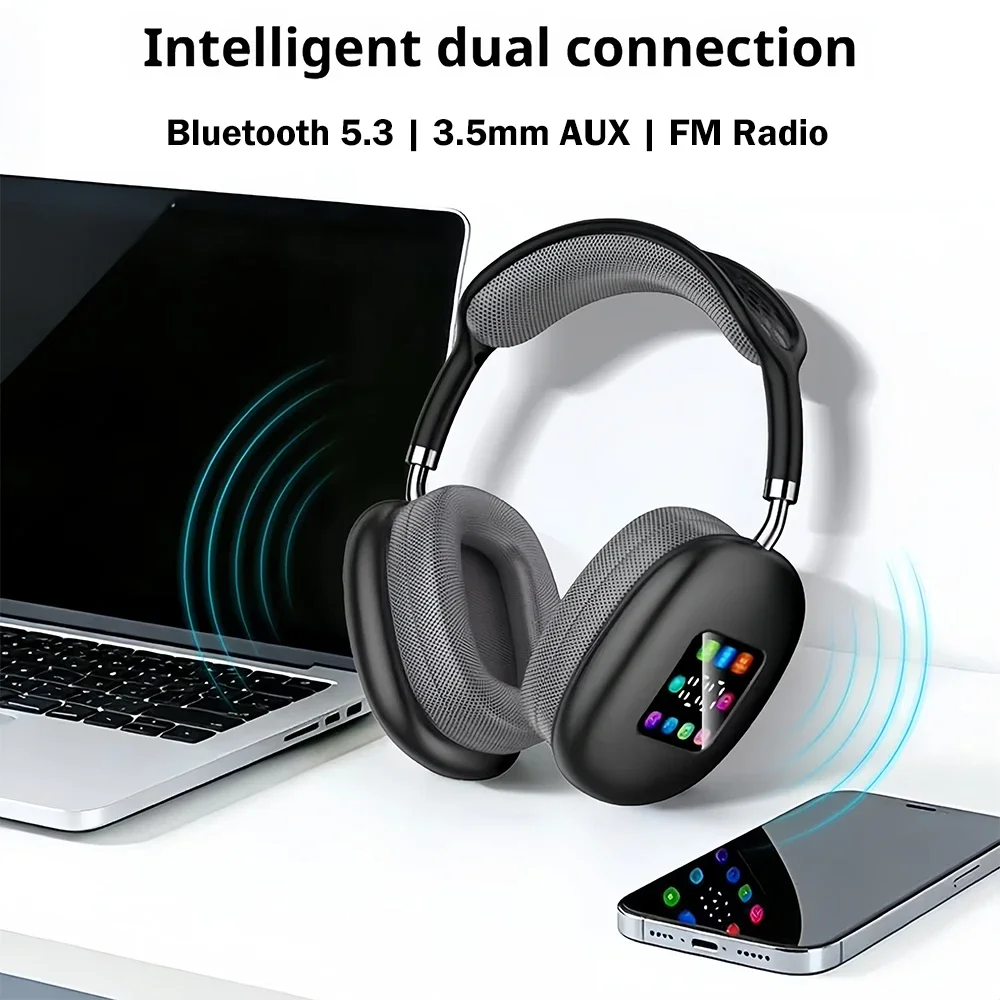 Casque audio sans fil KEBIDUMEI Bluetooth 5.3 avec écran couleur, réduction de bruit active, stéréo Hi-Fi, radio FM et prise auxiliaire 3,5 mm._voghion.com