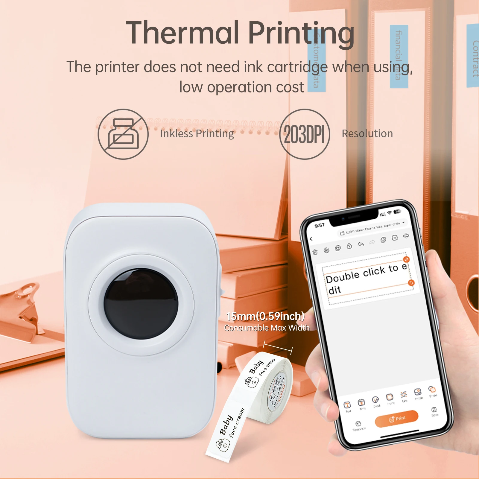 D30 Pro Label Printer Pocket Smartphone Label Maker BT Wireless Thermal Printing 203DPI Support 15mm Width Adhesive 