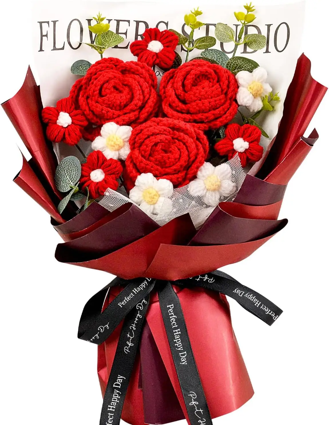 Handgefertigter gehäkelter roter Rosenblumenstrauß, gehäkelte Blumensträuße zum Muttertag, Valentinstag, Jahrestag, Geburtstagsgeschenk