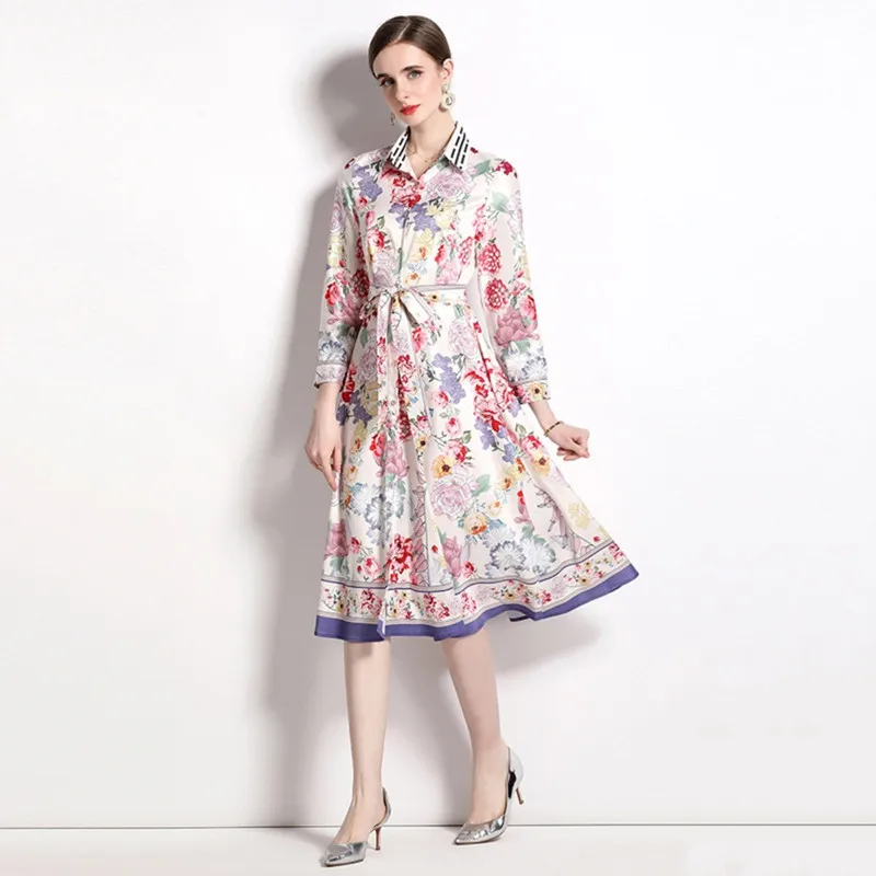 

Pastoral Colorful Flower Long Sleeve Over Knee Mid Length Dress British Style Comfortable Beautiful Shopping and Tourism Skirt