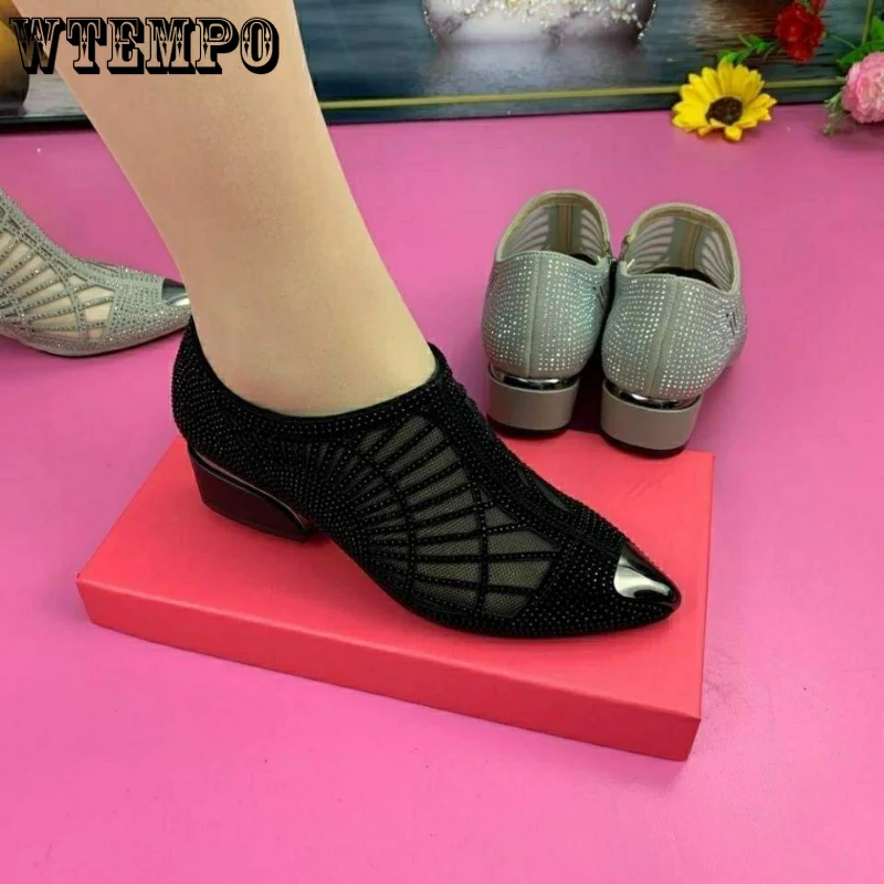 Soft Leather Mesh Sandals Hollow Water Diamond Pointed Toe Shallow Mouth Slip-on Low Heeled Women Boots Commuting Spring Autumn 4