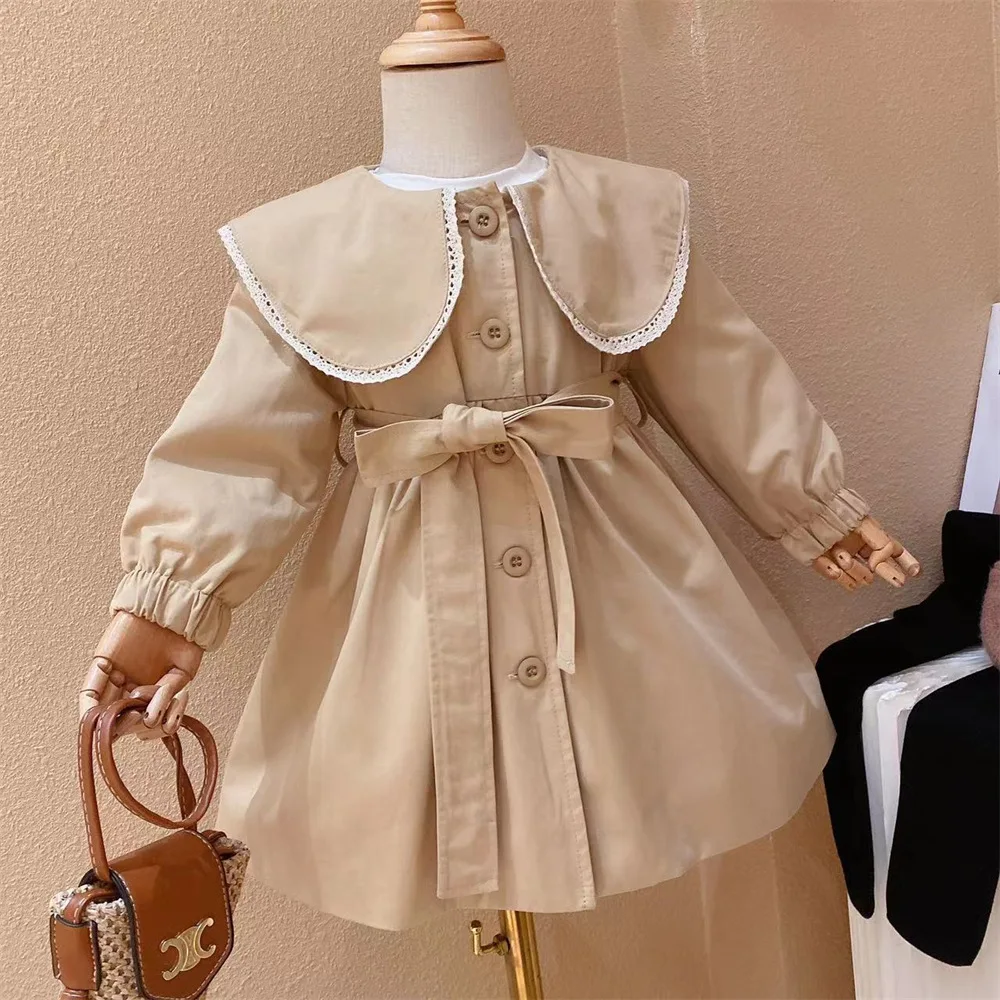 

British Style Kids Trench Big Lace Lapel Collar Children Autumn Windbreaker Wind Proof Baby Girl Coat Winter Toddlers Jacket