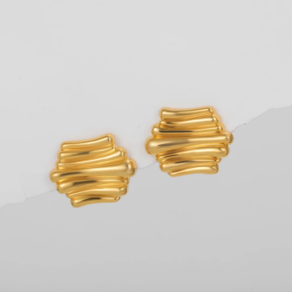 18K Gold Plated Vintage Triple Ridge Medium Geometric Stud Earrings Smooth Waterproof Stainless Steel Statement Earring Jewelry