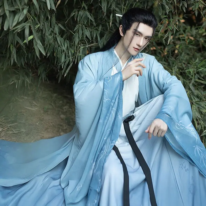 Chinese Hanfu Men Oversized Halloween Cosplay Costume Ancient Traditional Print Gray&Blue Hanfu Shirt+Skirt+Coat Sets Plus Size