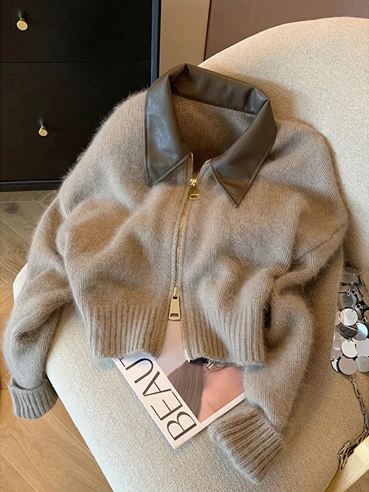 

2023 Autumn Winter New Womens Knitted Cropped Cardigan Korean Fashion Zipper Leather Neck Sweater Female Lazy Style Knitwear