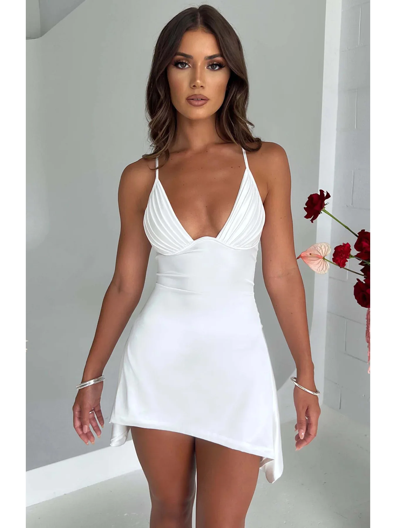 Summer Women's Sexy V-Neck Backless Halter Mini Dress Solid Color Cross-Border Fashion 2025 Hot Sale 1