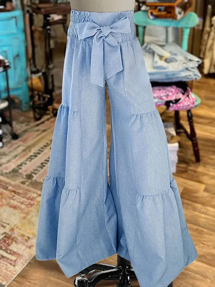 Vintage Bow Tie Pleated Wide Leg Pants