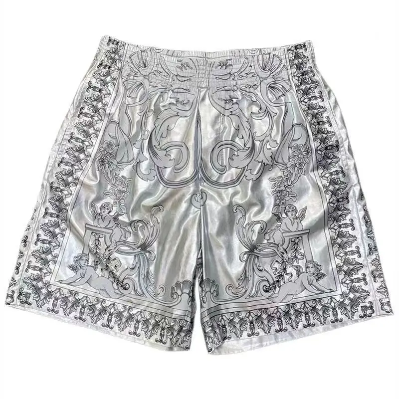 Summer New Style Men's Beach Pants, Metal Silver Fashion Pattern Printing, Elastic Casual Shorts Quick-dry Straight Pants