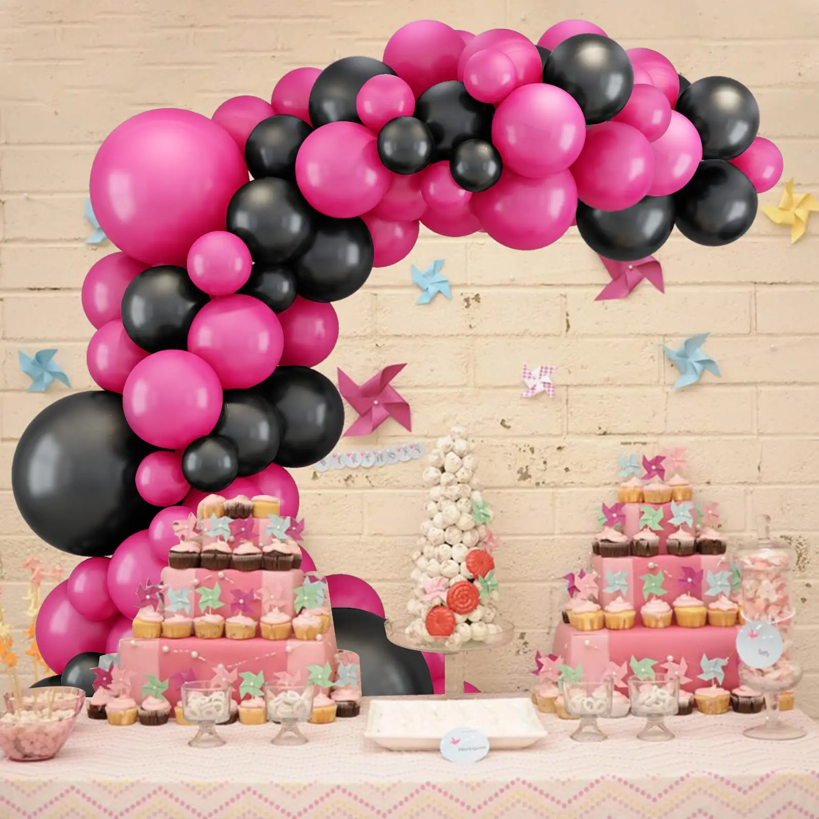 PASOCON rose red black hot pink balloon garland arch kit - 117pcs rose red  hot pink black