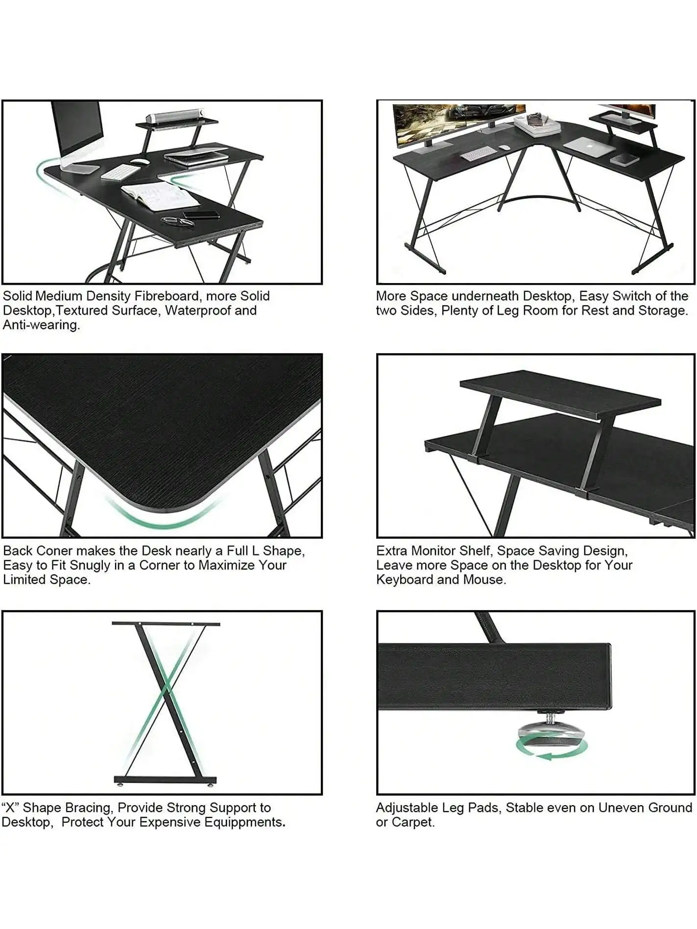 طاولة ألعاب مكتبية للألعاب على شكل حرف L مع حامل ش...
