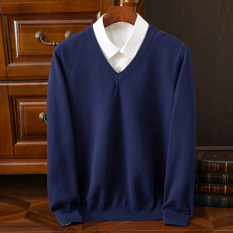 In autumn and winter, the new 2024 men's V-neck 100% pure wool plus size loose casual sweater thickened Hugh knitted sweater top 6