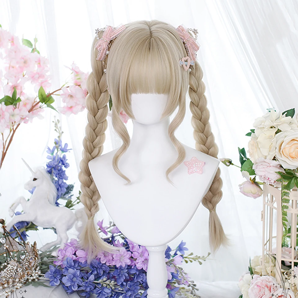OLACARE Synthetic Long Wavy Curly Ponytail Lolita Wig with Bangs Girl Cute Ombre Blonde Cosplay Party Halloween Harajuku Wig