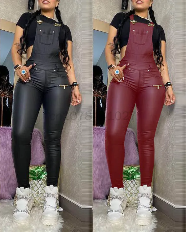 

2023 Fashion Women PU Buckled Zipper Design Suspender Jumpsuit 5XL Plus Size Thick Strap Pocket PU Pockets Romper Outfits