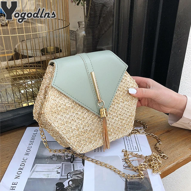 Hexagon Mulit Style Straw+leather Handbag Women Summer Rattan Bag Handmade Woven Beach Circle Bohemia Shoulder Bag 1