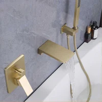ZAPPO Brushed Gold Bathroom Bathtub Shower Set Waterfall Mixer Tap Wall Mount Solid Brass Shower Systerm w/Handheld Shower Head 2