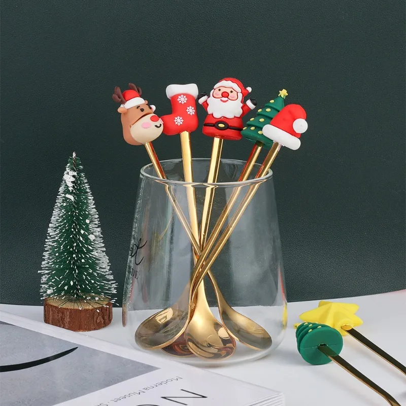 Stainless Steel Christmas Spoon Set Holiday Party Gift Ins Doll Spoon Fork Set Christmas Creative Gift for Friends and Family