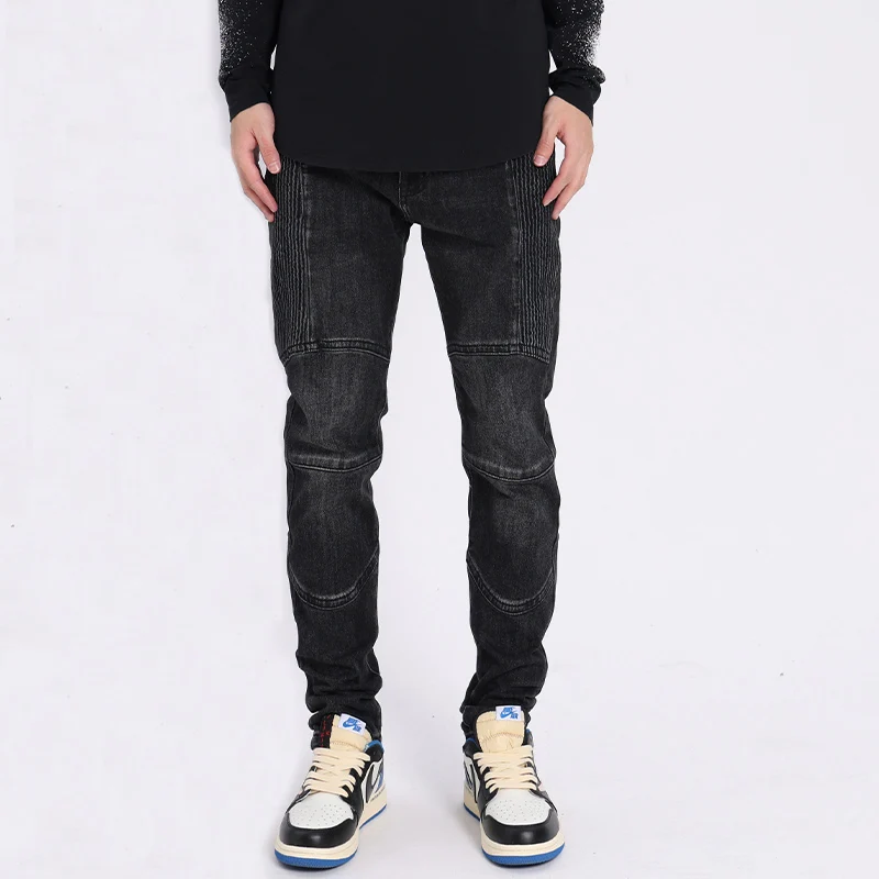Street Fashion Men Jeans Retro Black Gray Elastic Slim Fit Spliced Biker Jeans Men Wrinkle Patched Designer Hip Hip Pants Hombre