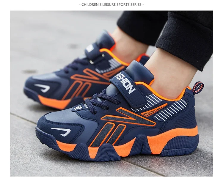 Boys Leather Sneakers - Kids Running Shoes With Rubber Outsole & Hook And Loop Closure