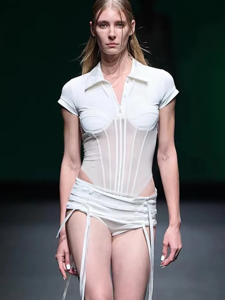 Nibber Music Festival 2 Piece Set Women Trend Button Polo-Neck Mesh Patchwork Bodysuits+Ribbon Short Party Sexy Ruched Suits