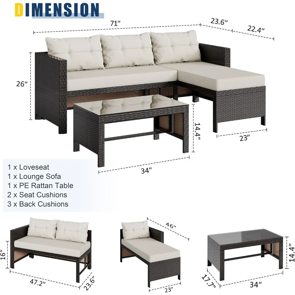3 Piece Patio Furniture Sets, All-Weather PE Wicker Outdoor Sofa Couch Sectional Set, Small Conversation Set for Garden/Patio 2