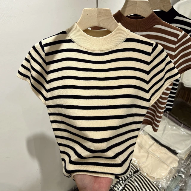2026 Turtleneck Pullover Striped Sweater Sweater Slim Fit Top Shirt Women's Early Spring and Autumn Short Sleeve Bottoming Shirt 1