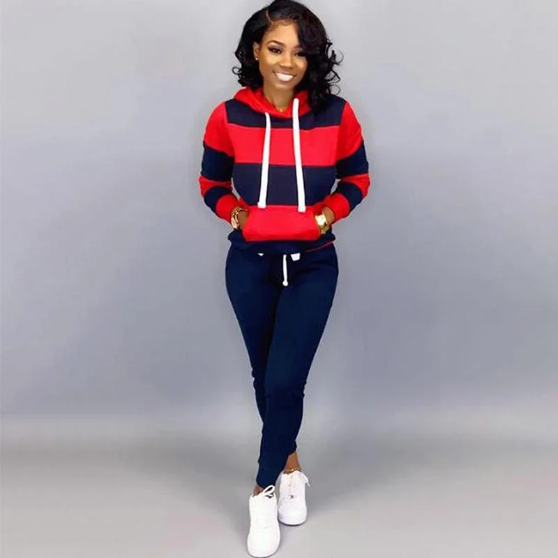Autumn/Winter Women's Hooded Jogging Set Fashion Striped Hoodie Set Fashion Pullover Hoodie+2 pieces of Sports Pants