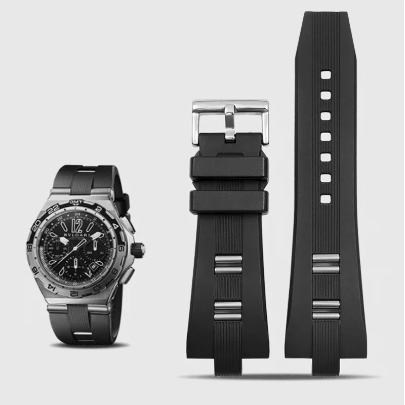 Фото Ремешок резиновый для часов Bvlgari DIAGONO, водонепроницаемый силиконовый черный выпуклый браслет для мужских часов, 26 Х9 мм №1