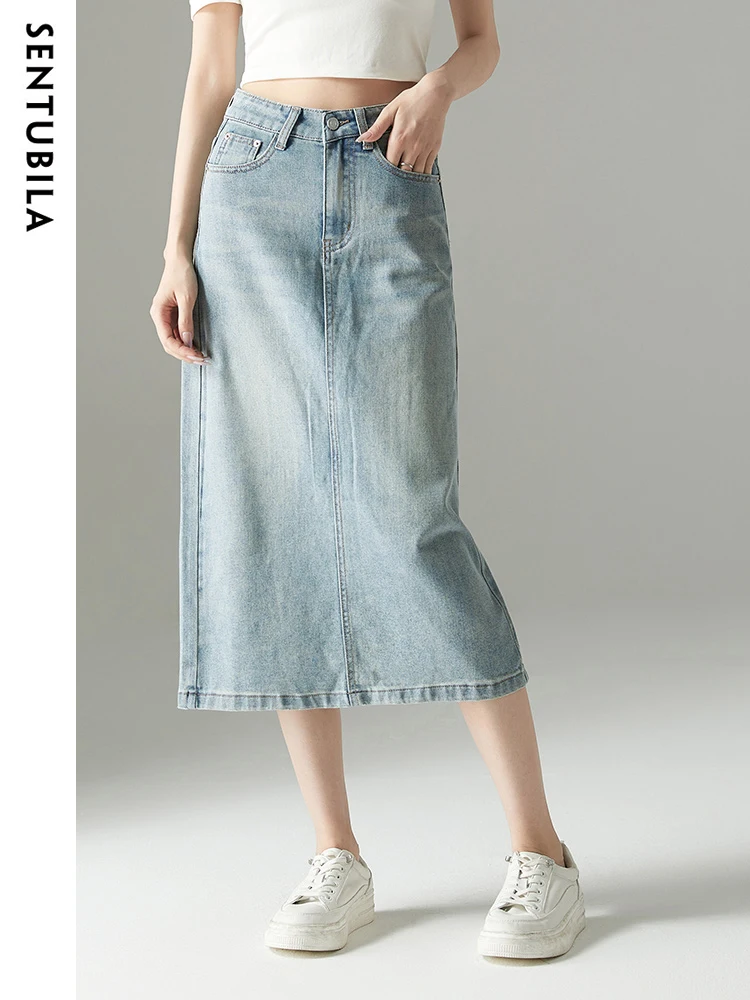 SENTUBILA Vintage Slit High Waist Denim Skirt Women 2024 Straight A-Line Simple Spring Autumn Woman Skirts Clothing W33Q51527