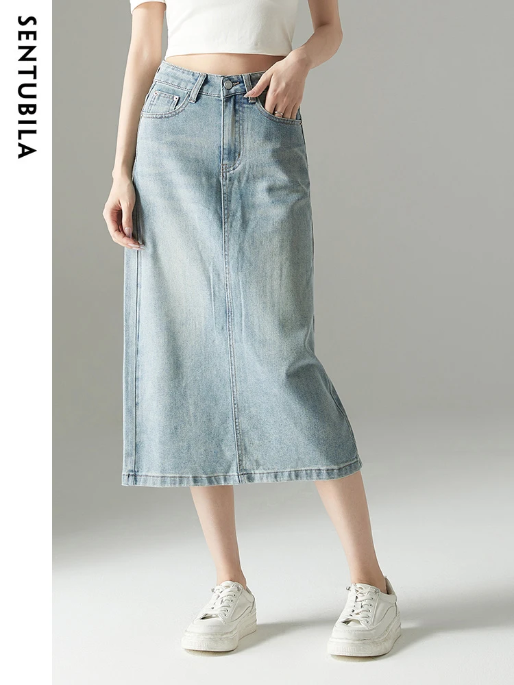

SENTUBILA Vintage Slit High Waist Denim Skirt Women 2024 Straight A-Line Simple Spring Autumn Woman Skirts Clothing W33Q51527