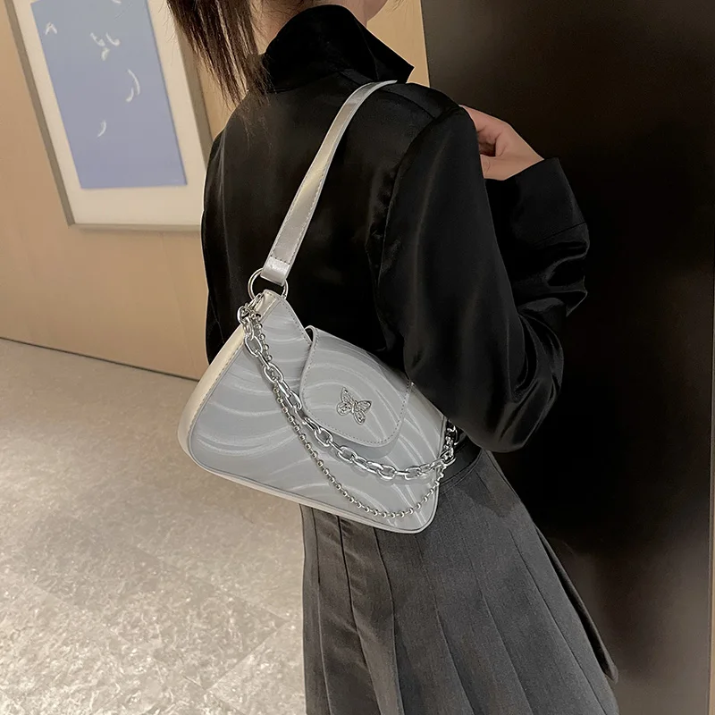Elegant Chain PU Women Shoulder Bag Fashion Simple Stripe Messenger Bag Woman High Quality Underarm Handbag Ladies Y2k Purse
