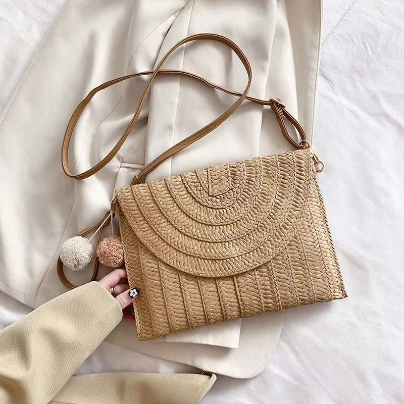 

Beach Vacation Bag 2023 New Envelope Type Grass Woven Bag Single Shoulder Women's Bag Crossbody Handheld Woven Bag