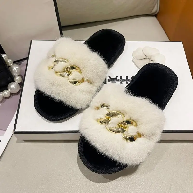 Fluffy Slippers Home Women Casual Chain Designer Shoes Ladies Autumn Winter Indoor Plush Slides Girls Fashion Elegant Footwear 3