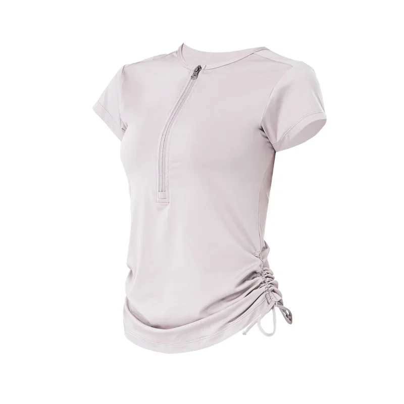 Women Sport Tennis Shirts Half Zipper Drawstring Gym Tops Ladies Short Sleeve Slim Running T-shirt Breathable Yoga Blouse