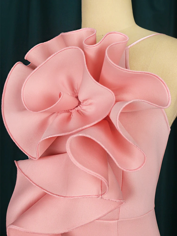 AOMEI Plus Size Mermaid Dress Halter Sleeveless Women Elegant Ruffles Pink Prom Big Flower Sexy African Gowns Evening Celebrate