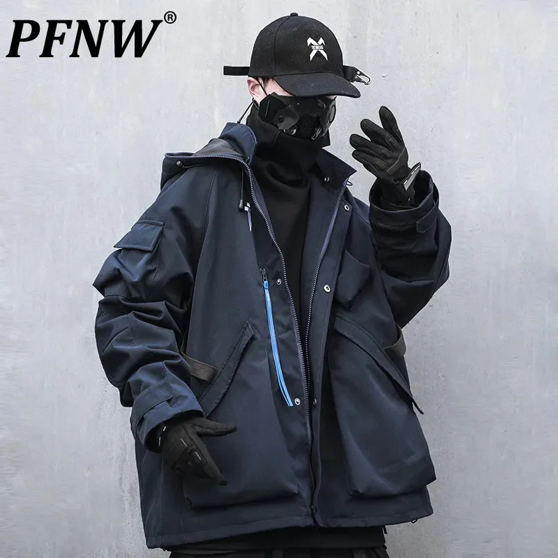 

PFNW Men's Heavy Industries Tactical Jacket Punk Darkwear Style Niche Stand Collar Hooded Women Workwear Coat Thickened 12Z5137