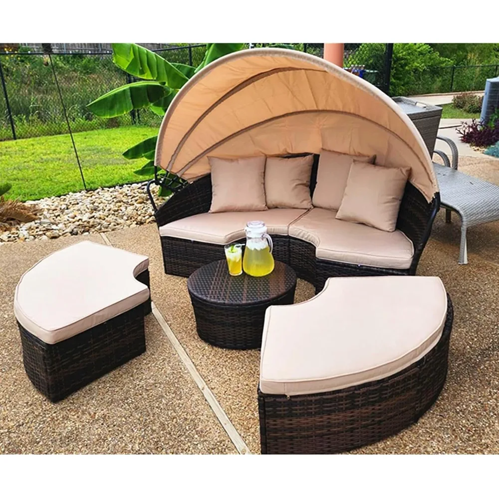 Outdoor Terrace Circular Sofa Bed with Retractable Canopy, Brown Wicker Furniture Combination Sofa with Washable Cushion 3