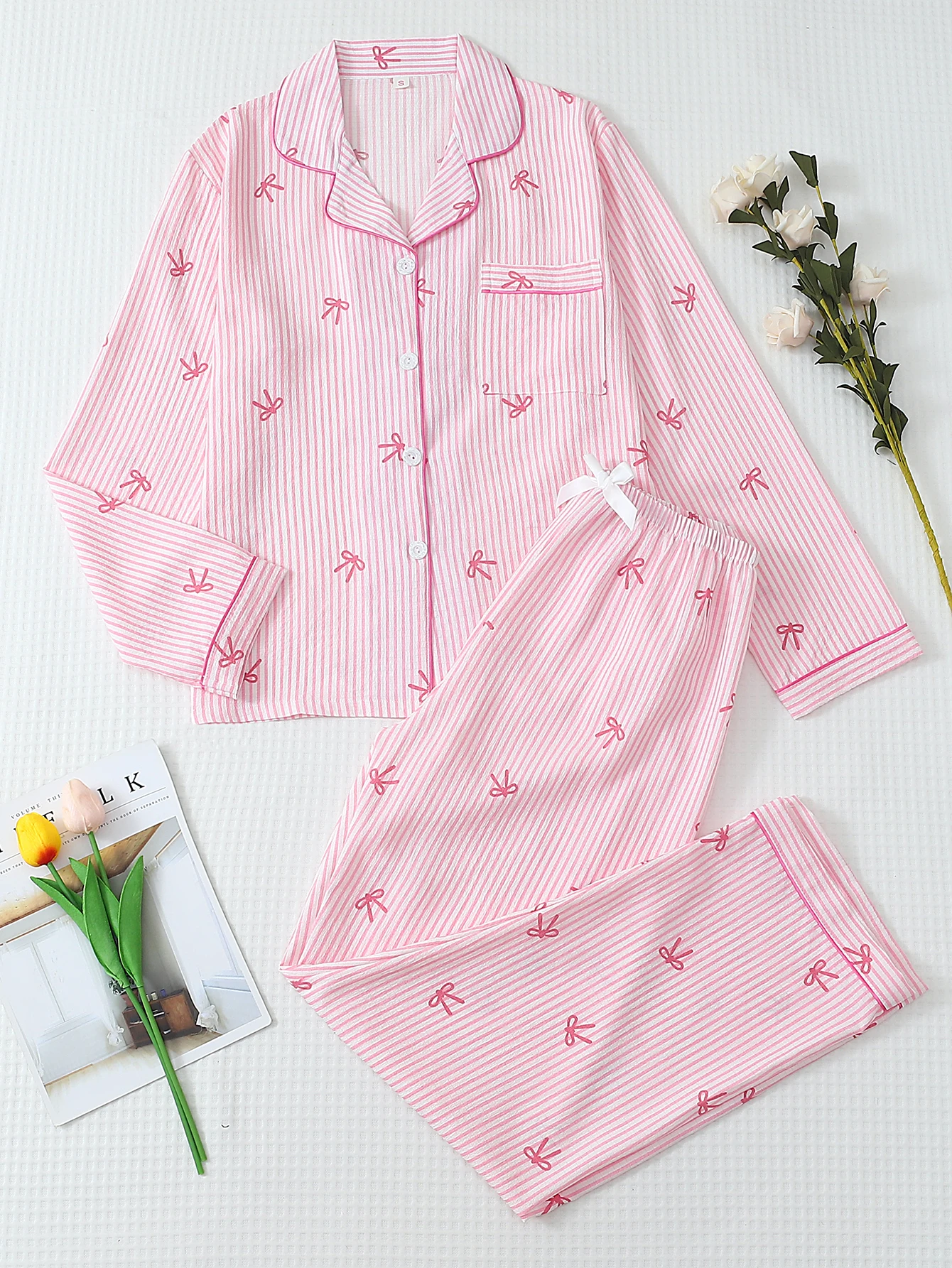 Ensemble pyjama imprimé nœud rayé rose et blanc pour femme, chemise boutonnée à manches longues et pantalon long, pyjama d'hiver pour la maison, décontracté 1