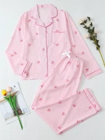 Ensemble pyjama imprimé nœud rayé rose et blanc pour femme, chemise boutonnée à manches longues et pantalon long, pyjama d'hiver pour la maison, décontracté 1