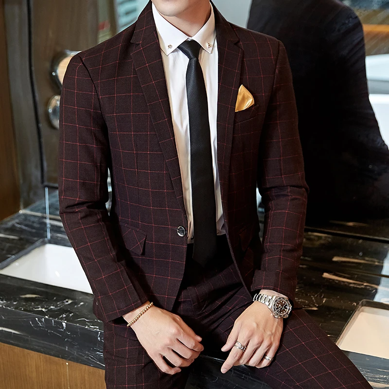 New Men's Casual One-button (suit + Trousers) Business Casual No-ironing Plaid Suit Men's Best Man Suit Two-piece Set M-5XL formal suit