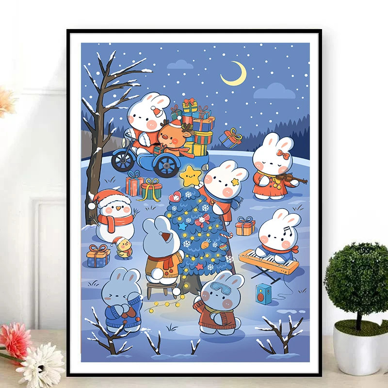Cross-Stitch Embroidery Kits DMC Cotton Threads Handicraft Home Decoration Printed Canvas Printed Christmas Rabbit 11CT