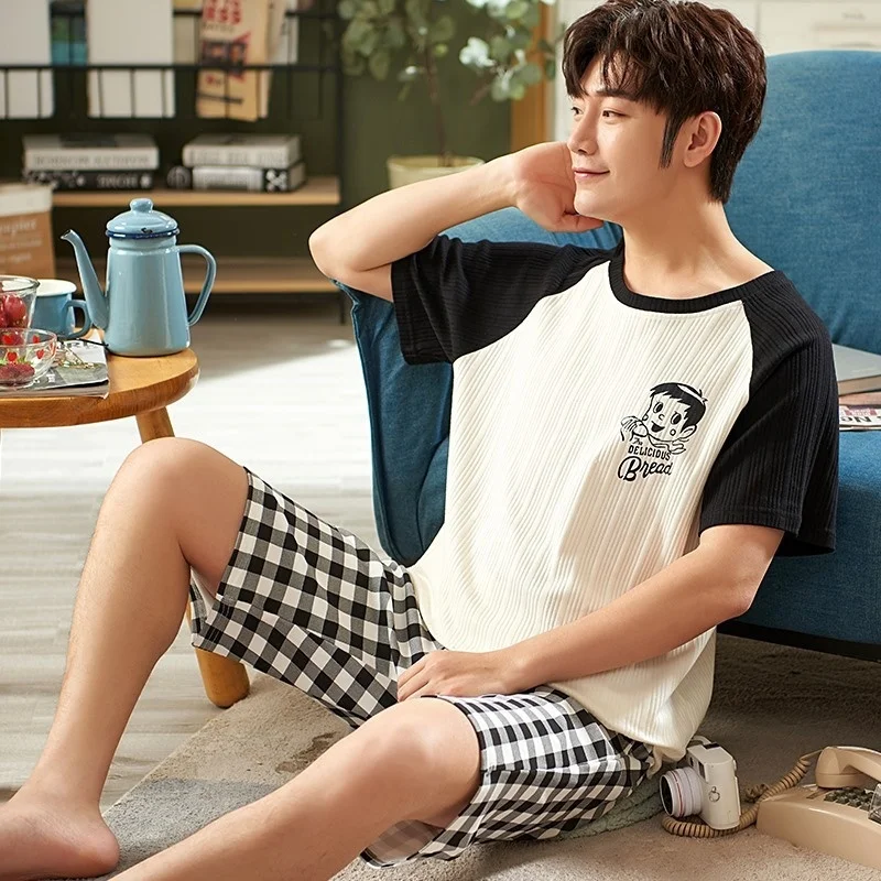 Pajamas Men's Summer Cotton Short Sleeve Shorts Casual Simple Loose Large  Round Neck Wear Home Suit