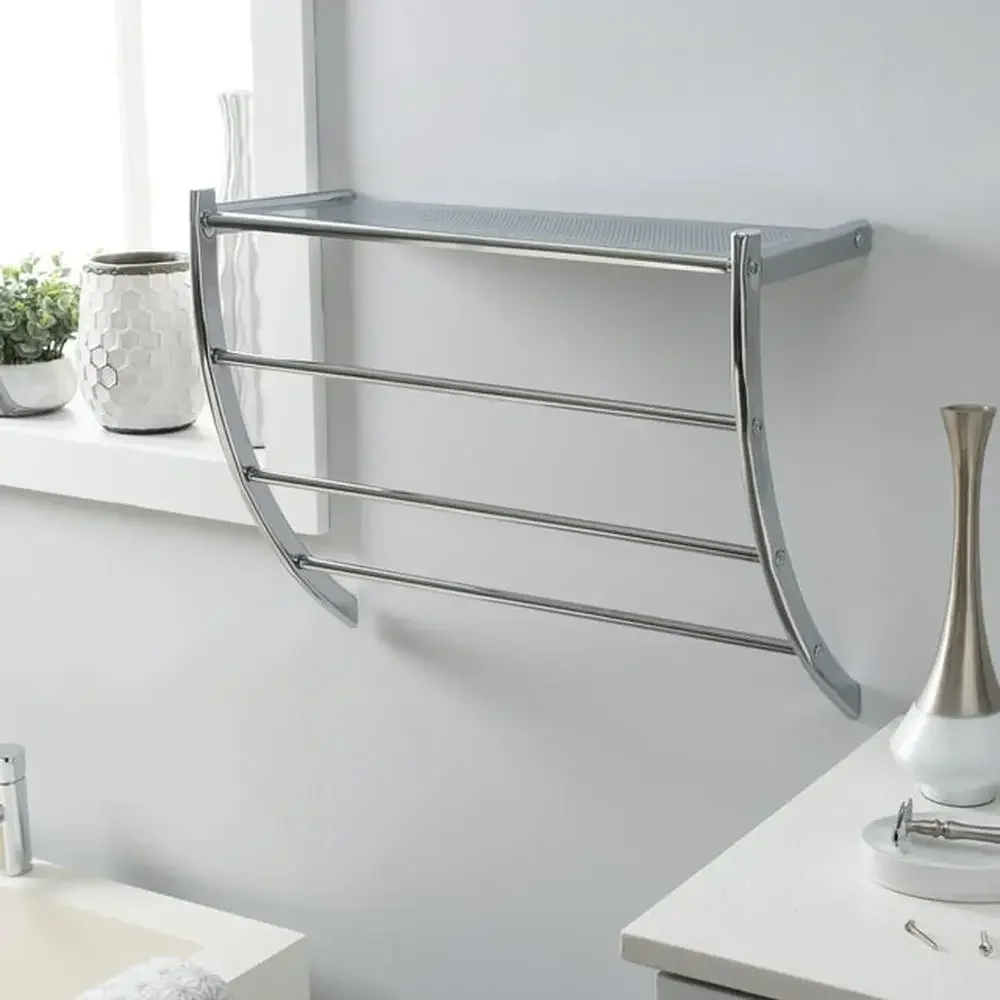 Bathroom Wall Mount Towel Rack Shelf Storage Organizer Steel Construct Modern Chrome Design 3 Towel Bars 1 Shelf 22"x8.5"x18.1
