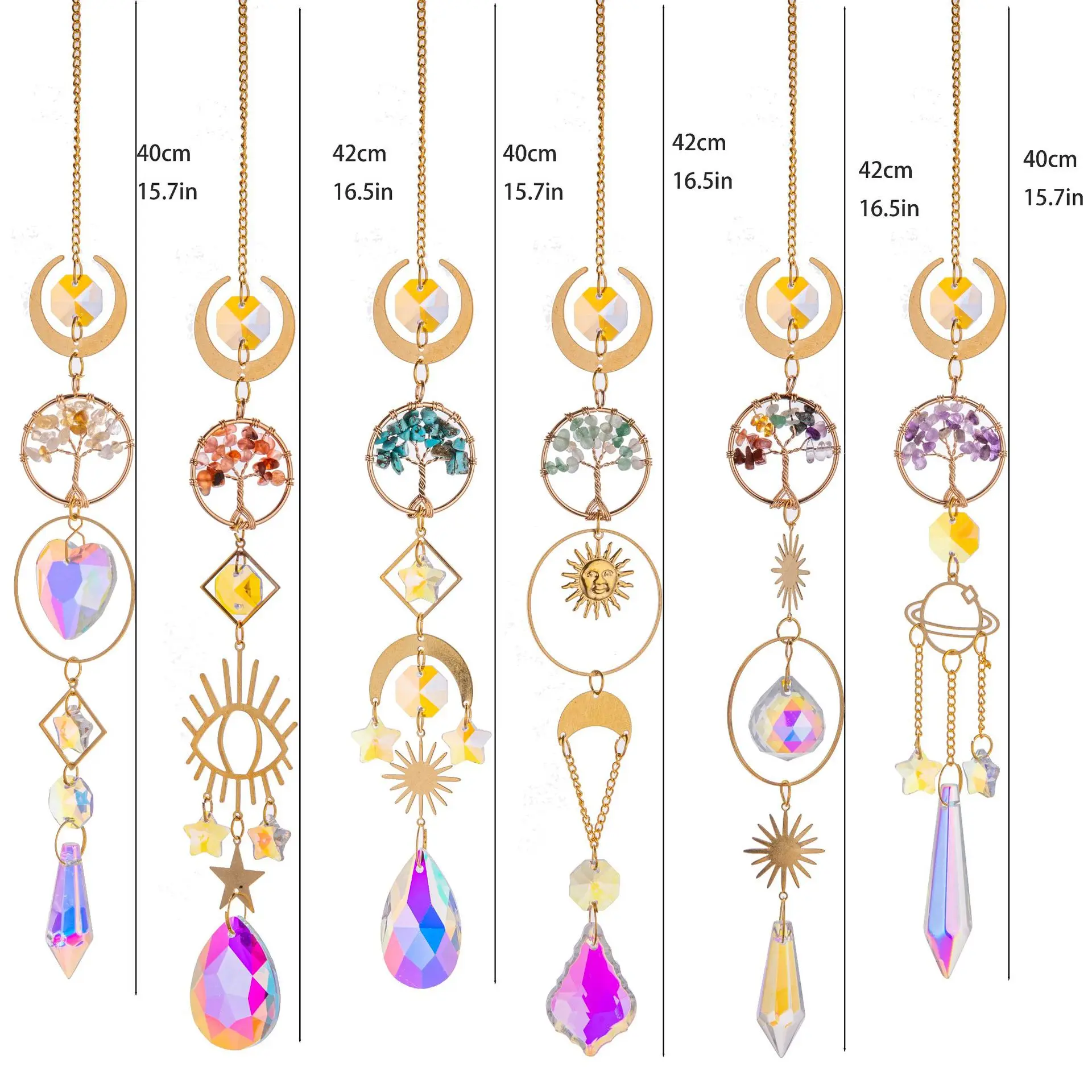 Tree of Life Agate Moon Suncatcher Crystal Pendant Prisms Rainbow Wind Chimes for Home Garden Window Christmas Tree Decoration