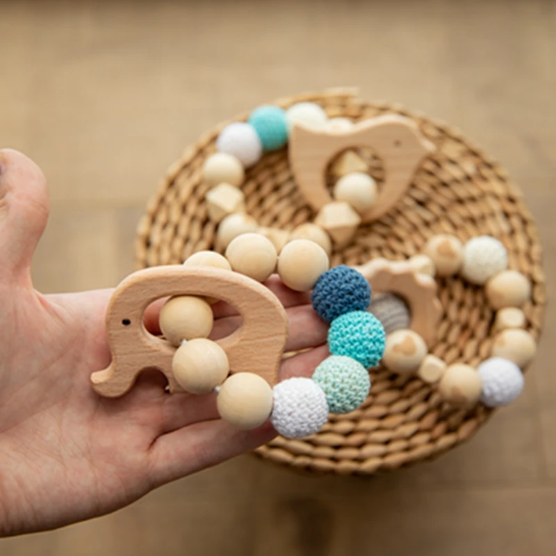 Baby Wooden Teether Beech Animal Wooden Rattle Toy Wood Teething Toys Baby Rattle Beads Bracelets Wooden Toys for children Gift 2