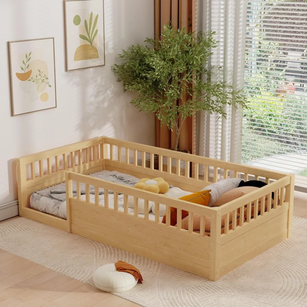 Twin Size Montessori Bed with Fence Toddler Floor Bed Frame with High Rails For Children Bedroom Toddlers Boys Girls ROOMTEC