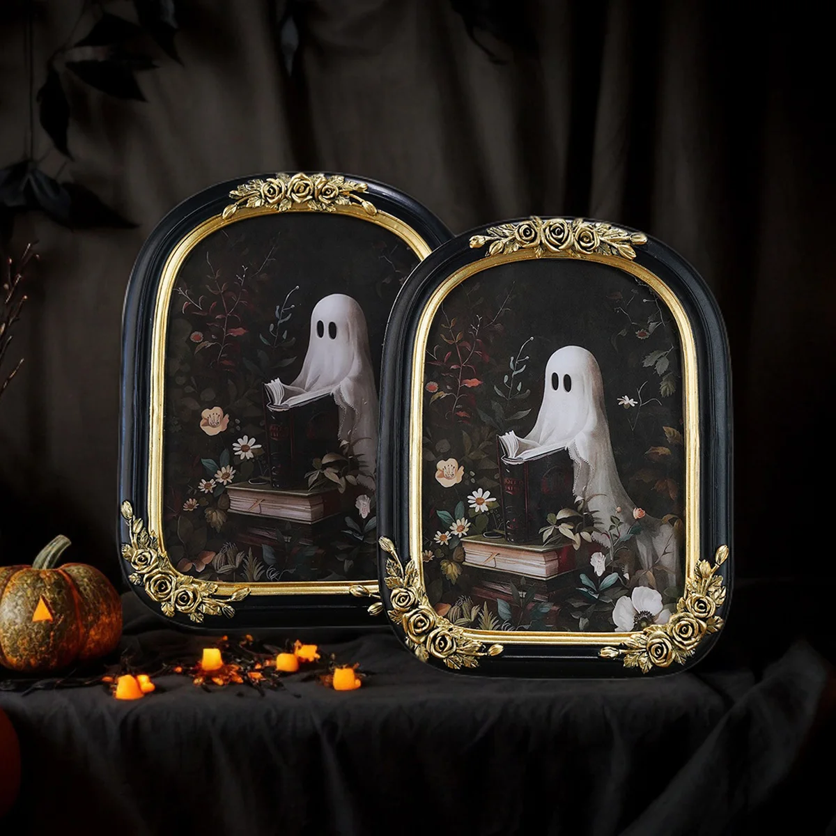 1PC,Halloween Decor Resin material ghost Reading rose arched home desktop decoration photo frame ornament